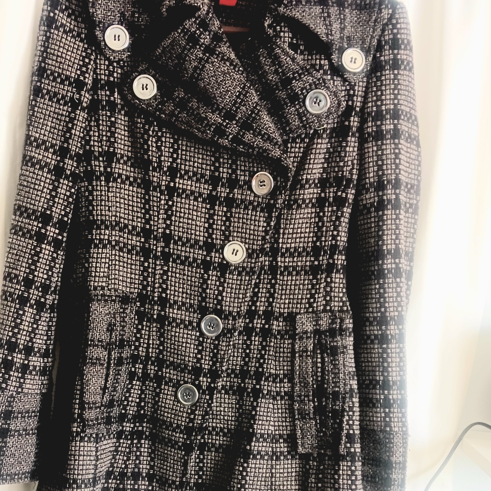 CoffeeShop Black and White Pea Coat with Wide Lapels